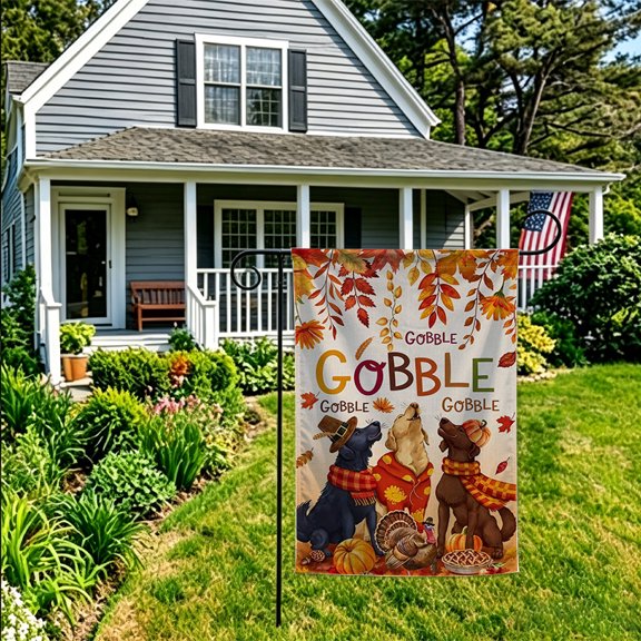 JYK Garden Flag Thanksgiving Gobble Dogs Turkey Pumpkin Maple Leaf Pattern Outdoor Yard Lawn Patio Decor Fall Harvest Holiday Decor 12X18 Inch