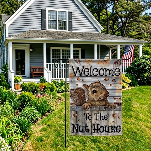 JYK Garden Flag Welcome To The Nut House Squirrel Peeking from Wood Plank Print for Rustic Farmhouse Garden Yard Decor 12X18 Inch