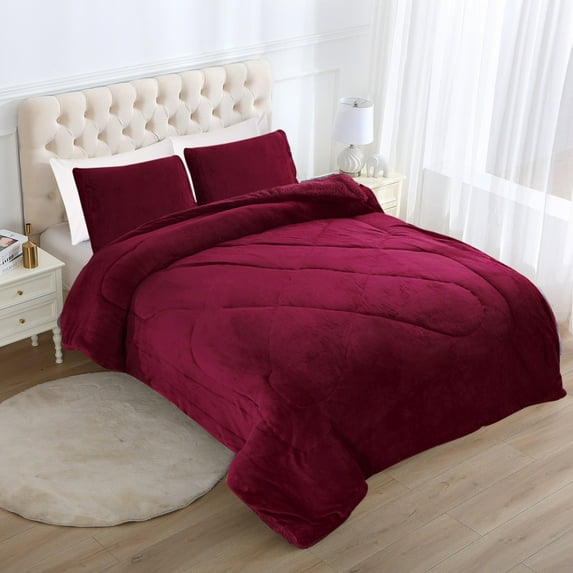 JYK Soft Heavy Thick Sherpa Bed Blanket, King Size, Burgundy Red, 3-Pieces