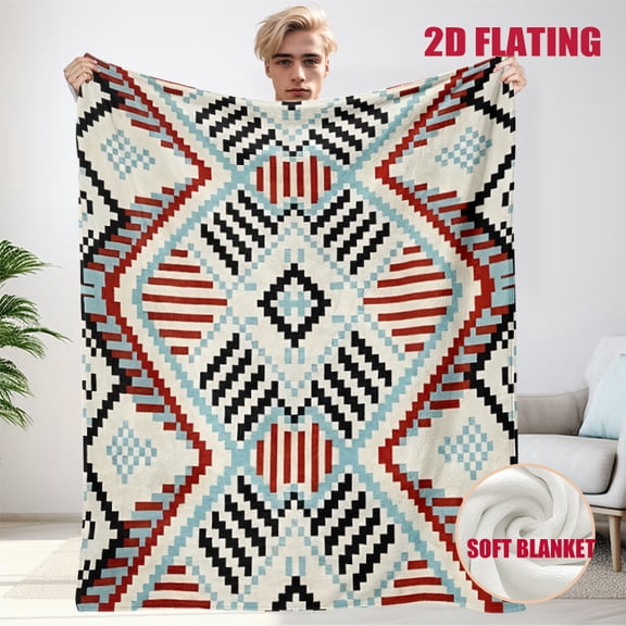 JYK Soft Plush Flannel Blanket Ikat Chevron Texture Diamond Grid Pattern Red Blue White Playful Throw for Recliner Chair Four Seasons Universal Soft Fleece Blanket Family Friendly 30X40inch