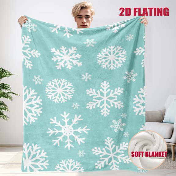 JYK Soft Plush Flannel Blanket Large White Snowflake Soft Pastel Blue Background Calming Winter Relaxation Blanket 50x60inch