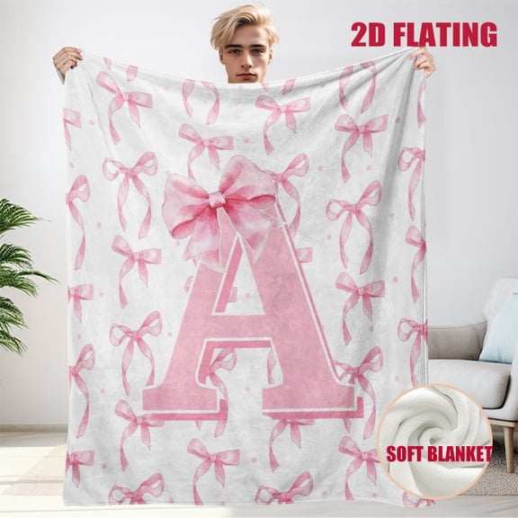 JYK Soft Plush Flannel Blanket Pink Letter A Monogram Watercolor Bow Ribbon Pattern Personalized Gift 30x40inch
