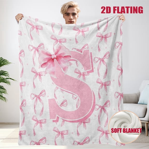 JYK Soft Plush Flannel Blanket Pink Letter S Monogram Watercolor Bow Ribbon Pattern Personalized Gift 30x40inch