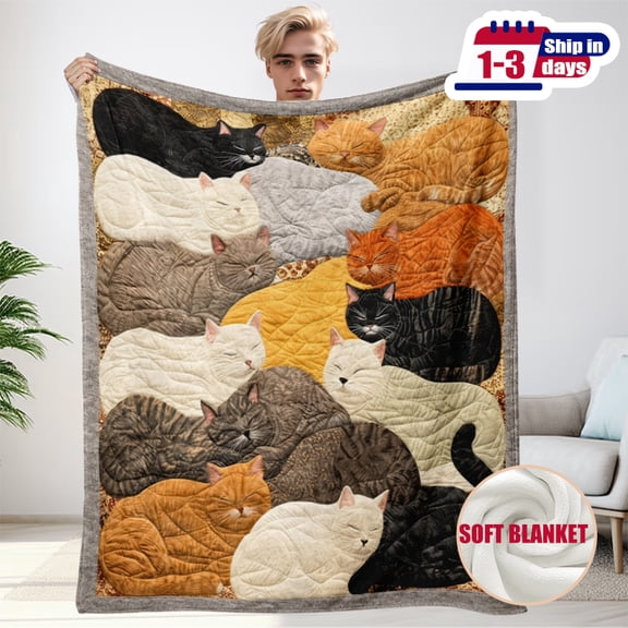 JYK Soft Plush Flannel Blanket Quilt Style Multi-Colored Sleeping Cats Winter Bed Throw Blanket 30X40inch