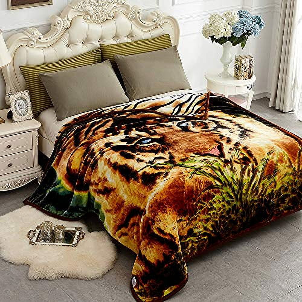 JYK Thick Korean Faux Mink Fleece Blanket 77”x87” and 5 LB Mink Blanket - 2  Ply Reversible 520GSM Silky Soft Plush Warm Blanket for Autumn Winter  (Queen, Tiger) 