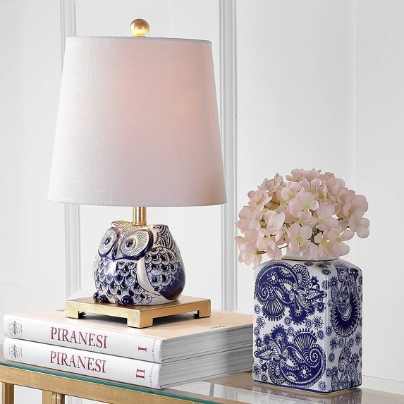 JYL3014A Justina 16" Ceramic Mini LED Table Lamp Cottage, Transitional for Bedroom, Living Room, Office, College Dorm, Coffee Table, Bookcase, Blue/White