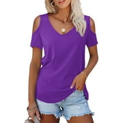 JYLFC Cold Shoulder Shirts for Womens V Neck Short Sleeve Summer Tee, Purple XL