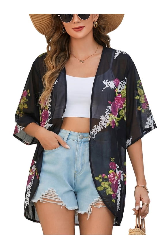 Floral Print Puff Sleeve Kimono Cardigan Loose Cover Up Casual Blouse Tops Black, 2XL