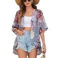 thumbnail image 1 of JYLFC Floral Print Puff Sleeve Kimono Cardigan Loose Cover Up Casual Blouse Tops Gray, L, 1 of 6