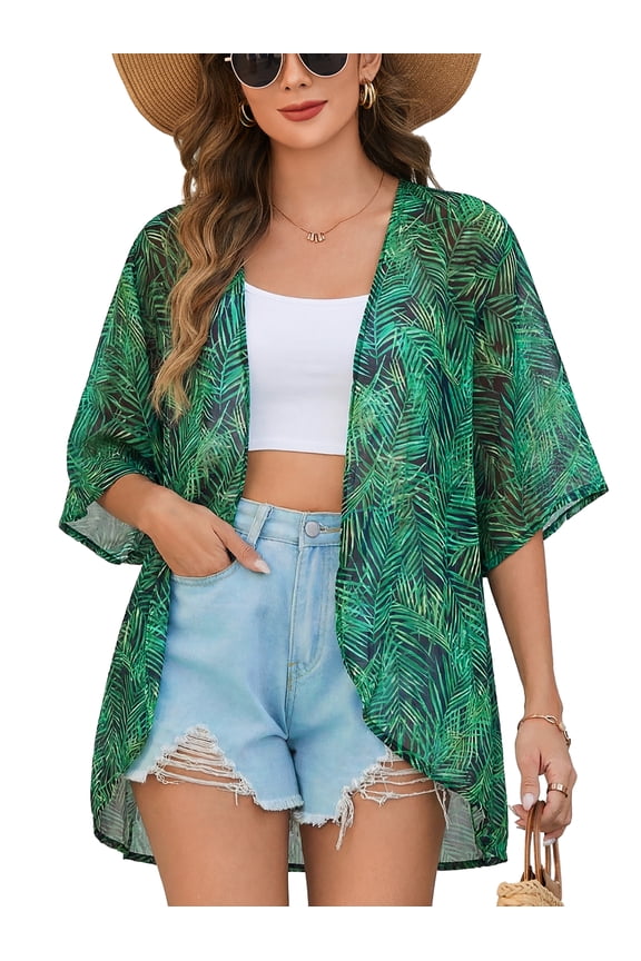 Floral Print Puff Sleeve Kimono Cardigan Loose Cover Up Casual Blouse Tops Green, 3XL