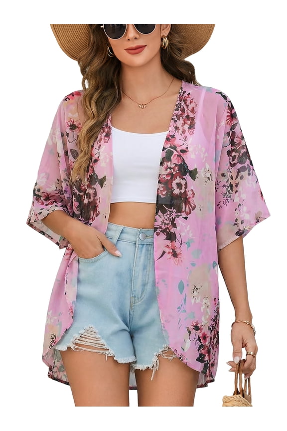 Floral Print Puff Sleeve Kimono Cardigan Loose Cover Up Casual Blouse Tops Rose, 2XL