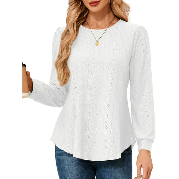 JYLFC Long Sleeve Eyelet Tops for Women Crew Neck Shirts Casual Loose Blouse White XL
