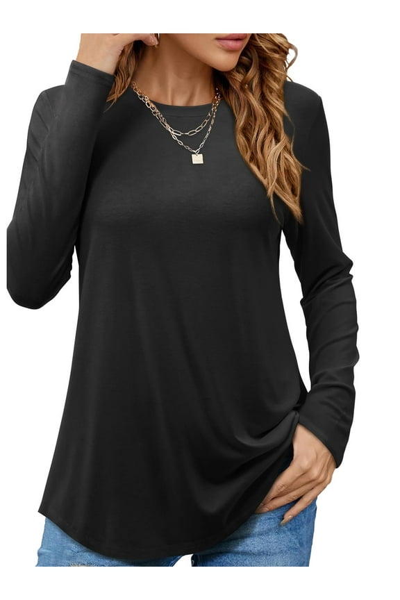 Long Sleeve Shirts for Women Round Neck Tunic Long T-shirts, Black XL