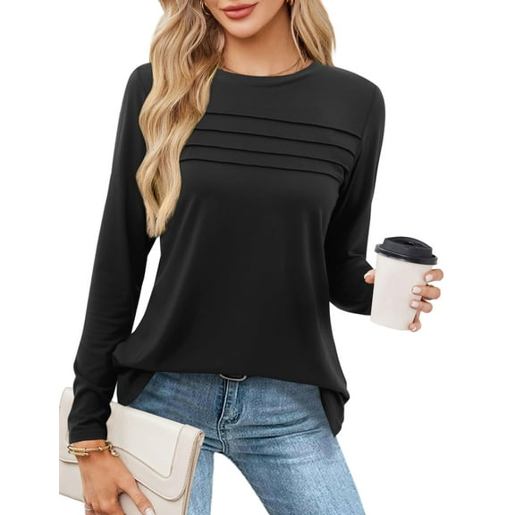 JYLFC Long Sleeve Shirts for Women Round Neck Tunic with Split Black XL
