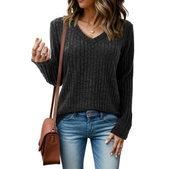 JYLFC Long Sleeve Sweaters for Women V Neck Tunic Shirts Soft Cotton, Black XL
