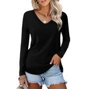 JYLFC Long Sleeve T-shirts for Women V Neck Casual Long Top, Black XL