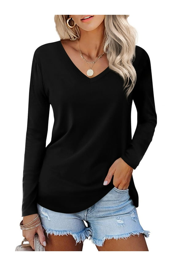 Long Sleeve T-shirts for Women V Neck Casual Long Top, Black XL