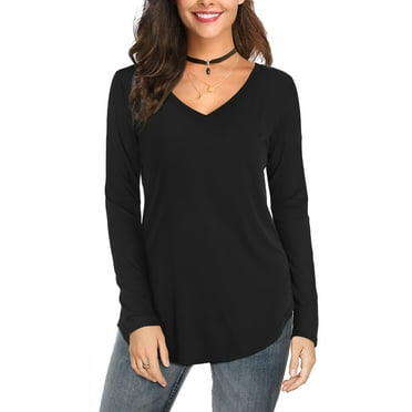 JYLFC Long Sleeve Tops for Women V Neck Loose Basic Top with Curved Hem, Black M