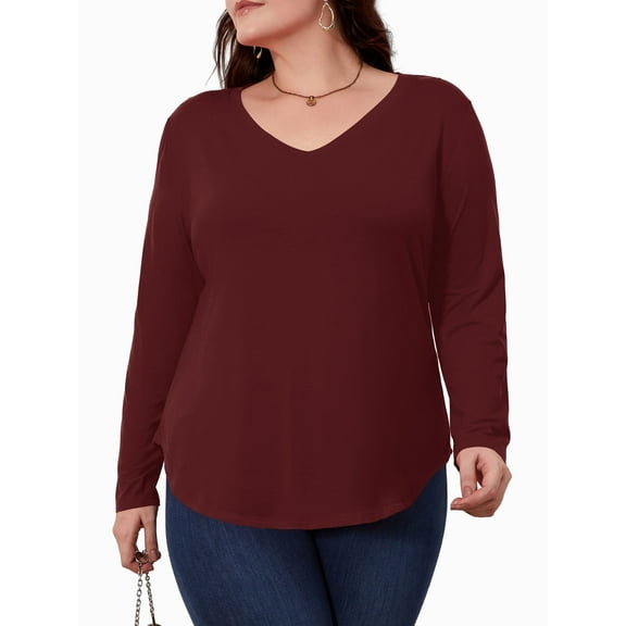 JYLFC Long Sleeve Tops for Women V Neck Loose Basic Top with Curved Hem, Burgundy 3XL
