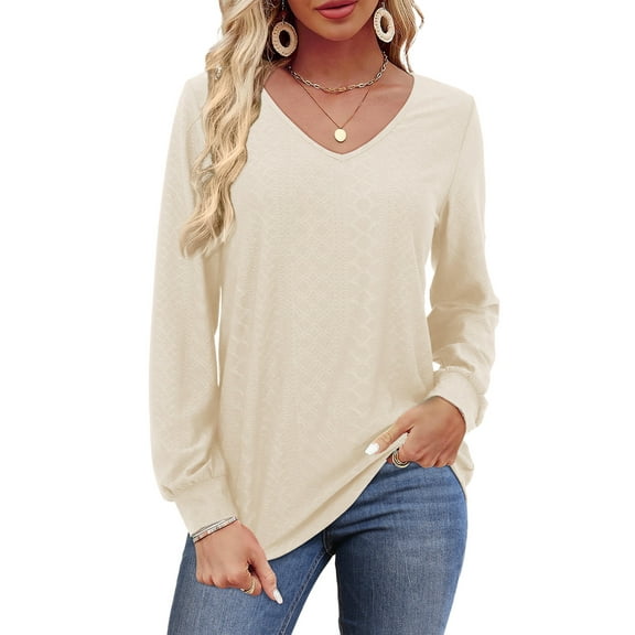JYLFC Long Sleeve Tops for Women V Neck Tunic Long T-shirts, Apricot XL