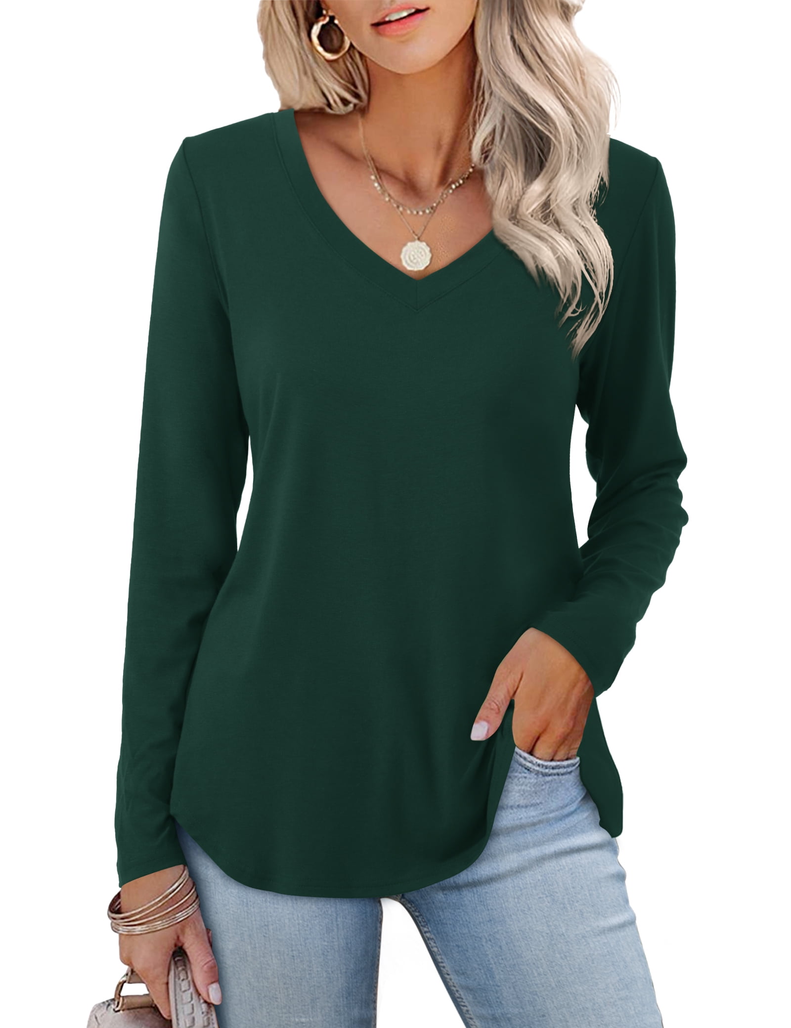 JYLFC Long Sleeve Tops for Women VNeck Tunic Tshirts, Green XL