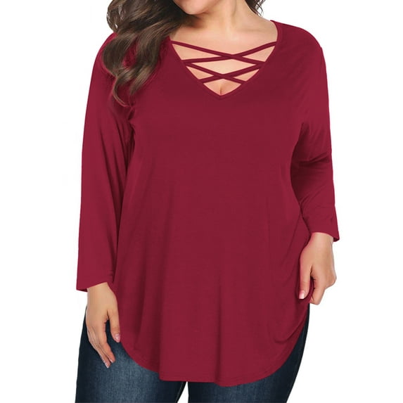 JYLFC Plus Size Shirts for Women Criss Cross Neck Long Sleeve T-Shirts, Burgundy 3XL