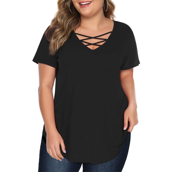 JYLFC Plus Size Shirts for Women Criss Cross Neck Short Sleeve T-Shirts, Black 3XL