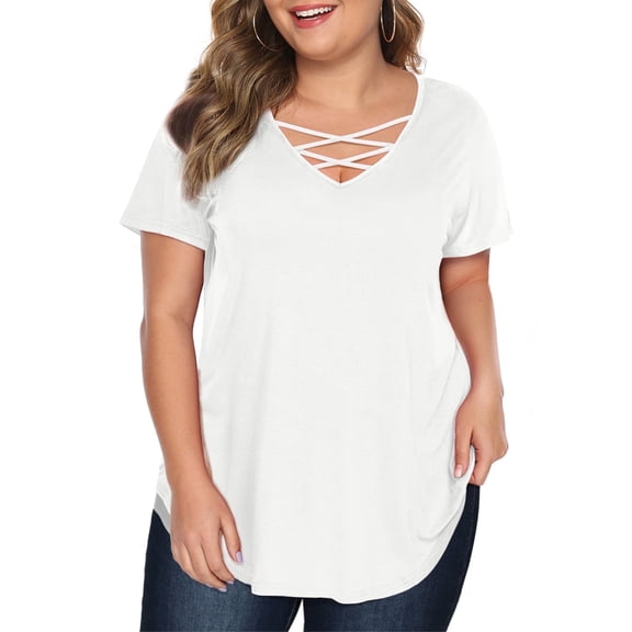 JYLFC Plus Size Shirts for Women Criss Cross Neck Short Sleeve T-Shirts, White 3XL