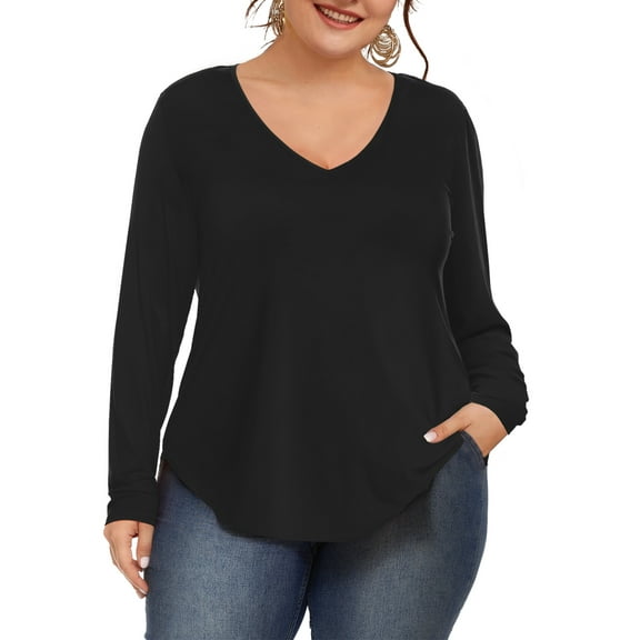 JYLFC Plus Size Shirts for Women V Neck Long Sleeve T-Shirts, Black 3XL