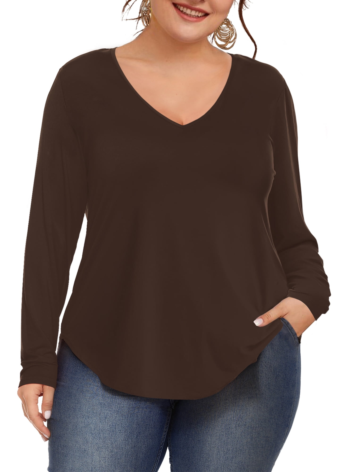 JYLFC Plus Size Shirts for Women V Neck Long Sleeve T-Shirts, Brown 3XL ...