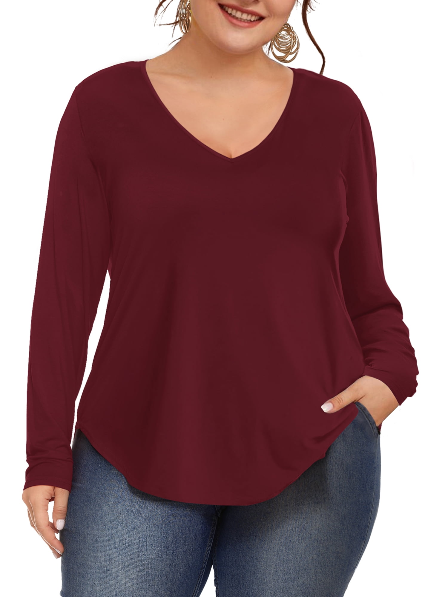 JYLFC Plus Size Shirts for Women V Neck Long Sleeve T-Shirts, Burgundy ...