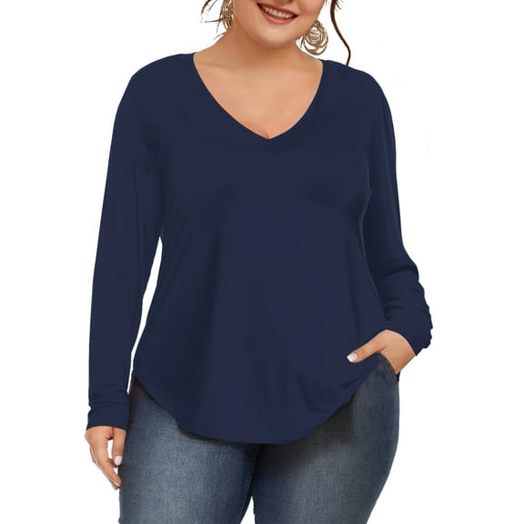 JYLFC Plus Size Shirts for Women V Neck Long Sleeve T-Shirts, Navy 3XL