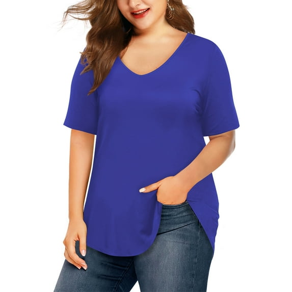 JYLFC Plus Size Shirts for Women V Neck Short Sleeve Tunic T-Shirts, Blue 3XL