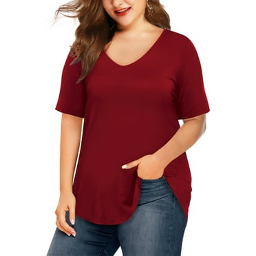 JYLFC Plus Size Shirts for Women V Neck Short Sleeve Tunic T-Shirts, Burgundy 3XL