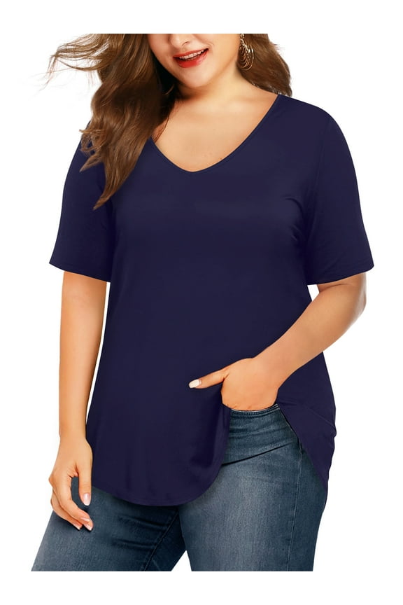Plus Size Shirts for Women V Neck Short Sleeve Tunic T-Shirts, Navy 3XL