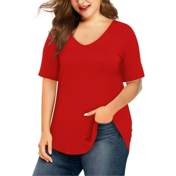 JYLFC Plus Size Shirts for Women V Neck Short Sleeve Tunic T-Shirts, Red 3XL