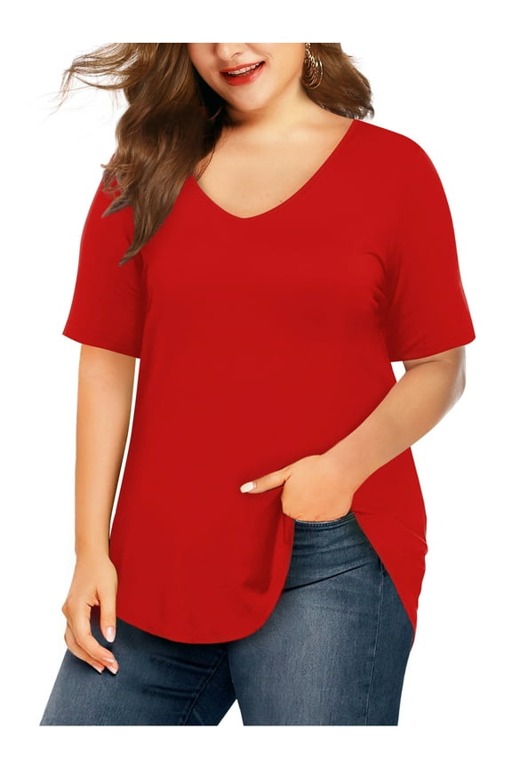 Plus Size Shirts for Women V Neck Short Sleeve Tunic T-Shirts, Red 3XL