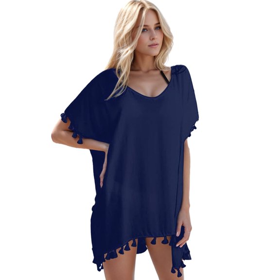 JYLFC Plus Size Swimwear Cover Up Dress for Women Short Sleeve Chiffon Tassel Cover Ups, Navy 3XL