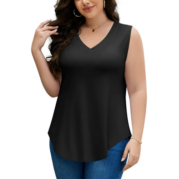 JYLFC Plus Size Womens V Neck Tunic Tops Long Sleeveless Blouse, Black 4XL