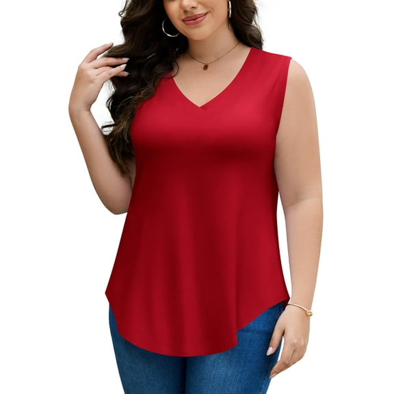JYLFC Plus Size Womens V Neck Tunic Tops Long Sleeveless Blouse, Burgundy 4XL