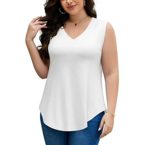 JYLFC Plus Size Womens V Neck Tunic Tops Long Sleeveless Blouse, White 4XL