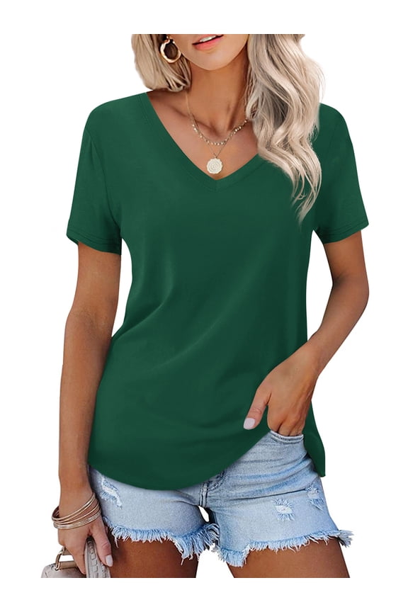 Plus Size Short Sleeve Shirts for Women V Neck Loose Fit Basic Top, Green 4XL