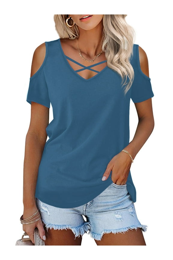 Short Sleeve T-Shirts for Women Criss Cross V-Neck Summer Top, Blue M