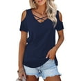 thumbnail image 1 of JYLFC Short Sleeve T-Shirts for Women Criss Cross V-Neck Summer Top, Navy Blue M, 1 of 3
