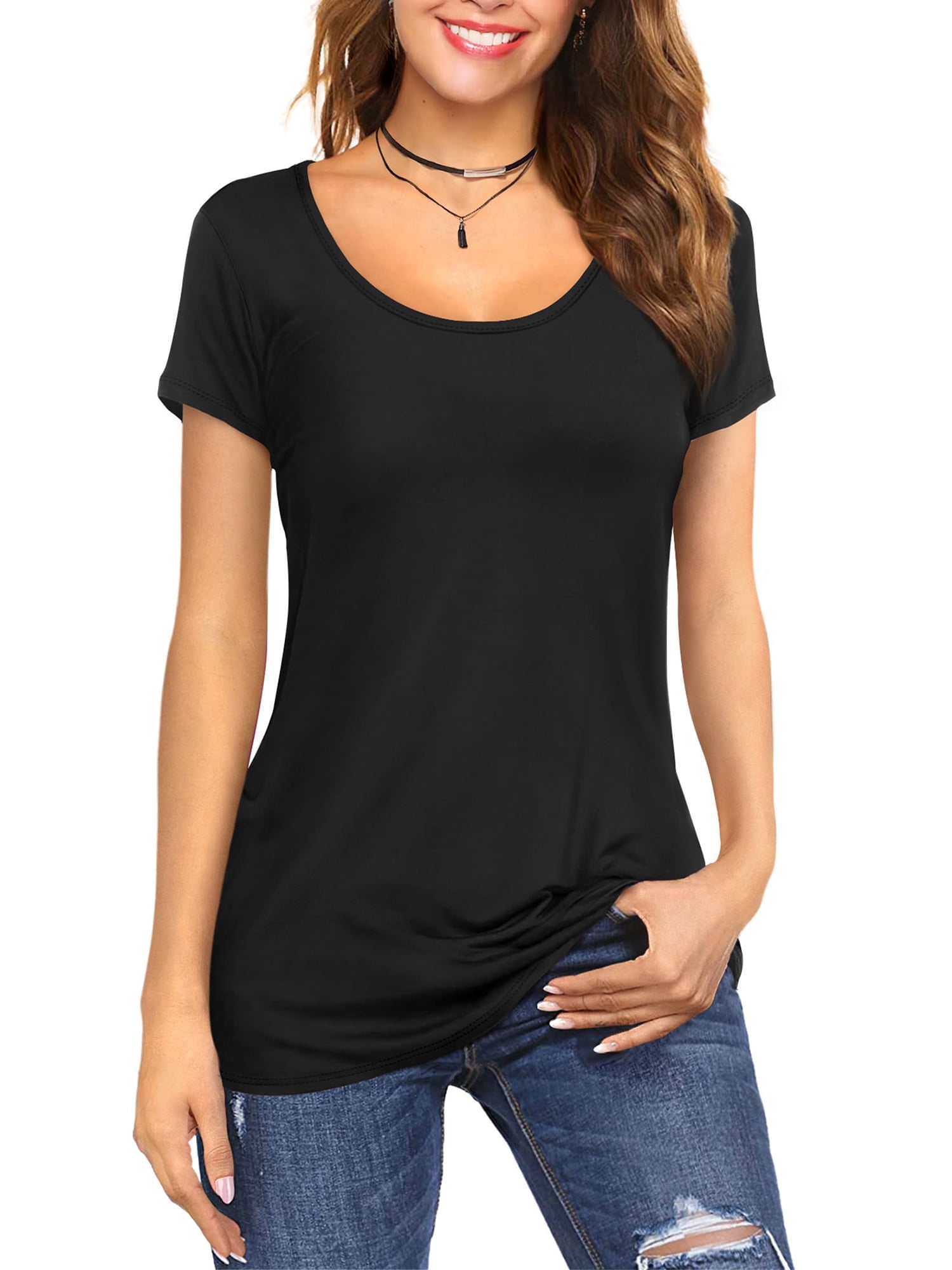 JYLFC Short Sleeve T-Shirts for Women Scoop Neck Long Basic Top, Black ...