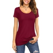 JYLFC Short Sleeve T-Shirts for Women Scoop Neck Long Basic Top, Burgundy M