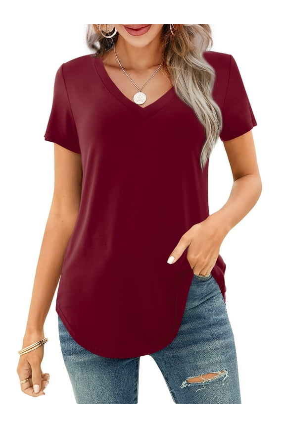 Short Sleeve Tops for Women V Neck Loose Summer Basic Top, Burgundy M