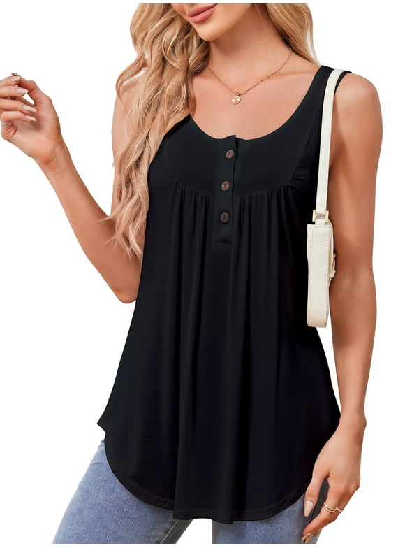 Sleeveless T-Shirts for Women Henley V-Neck Summer Tank Top, Black XL