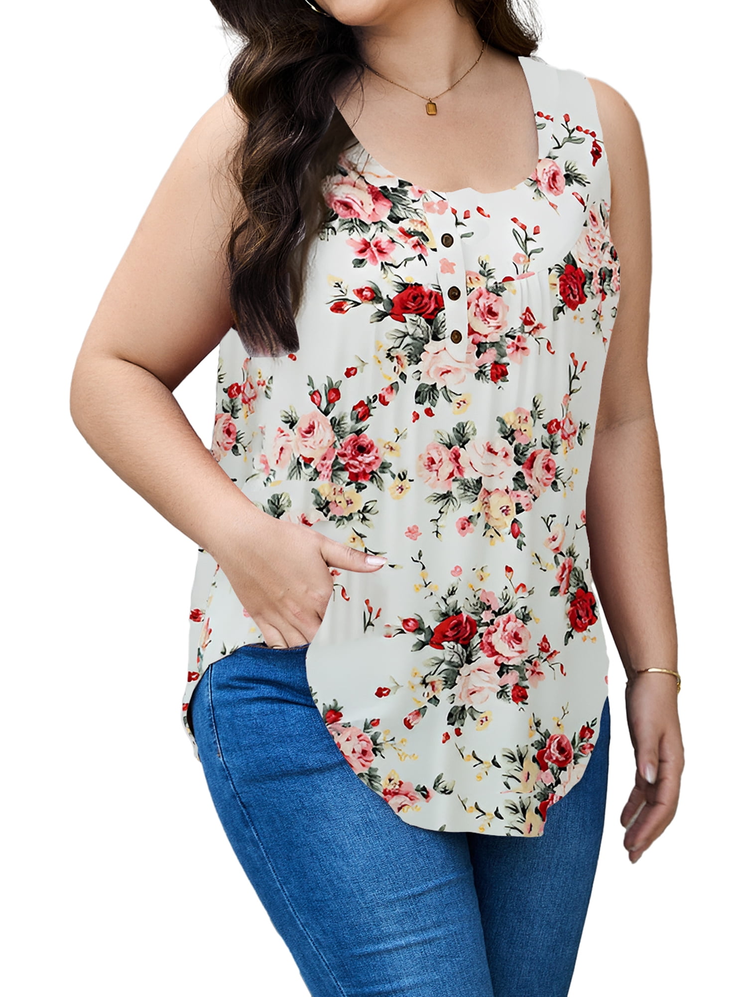 JYLFC Sleeveless T-Shirts for Women Henley V-Neck Summer Tank Top, XL ...
