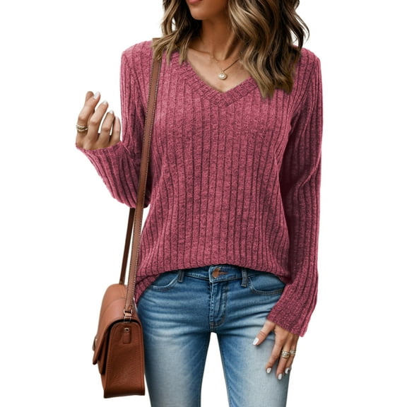 JYLFC Sweaters for Women Long Sleeve V Neck Brushed Cotton Blouse, Burgundy L